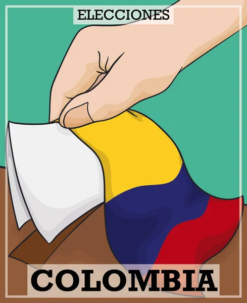 Mano con Tarjeta y Caja Electoral, Promoción de Elecciones Colombianas, Ilustración de Vectores — Archivo Imágenes Vectoriales