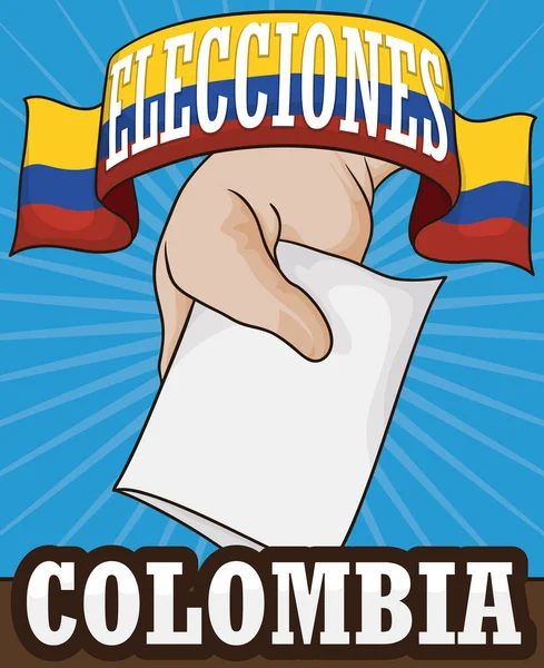 Cinta como bandera colombiana y voto a mano para promover elecciones, ilustración vectorial — Archivo Imágenes Vectoriales