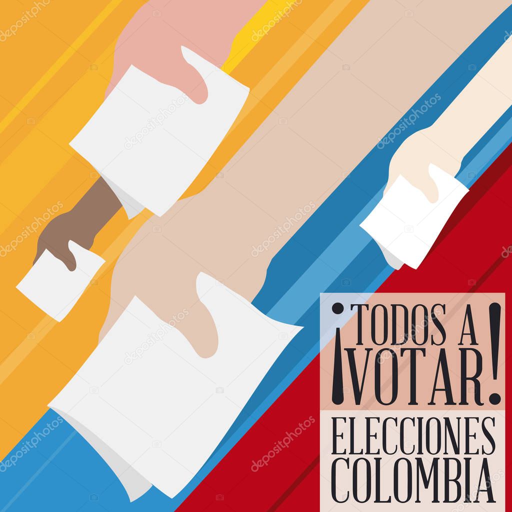 Citizens Hands Voting Massively in Colombian Elections, Vector Illustration