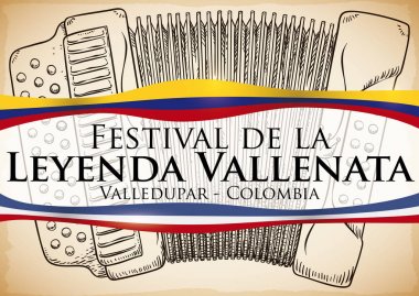 Akordeon Vallenato efsane Festivali Kolombiya ve Valledupar bayrakları, vektör çizim için