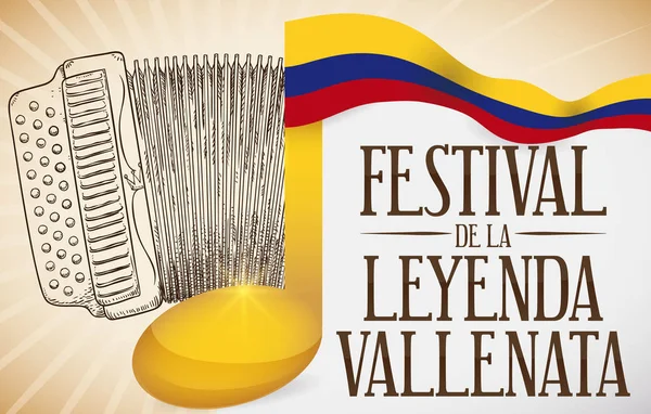 Harmonika, hangjegy és Kolumbiai zászló ünneplő legenda Vallenato Fesztivál, vektoros illusztráció — Stock Vector