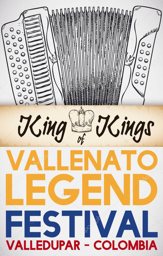 Accordion over Scroll with Crown to Celebrate Vallenato Legend Festival, Vector Illustration
