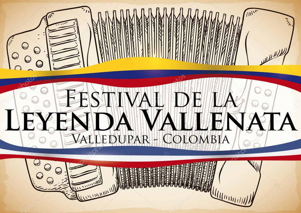 Accordion for Vallenato Legend Festival with Colombia and Valledupar Flags, Vector Illustration