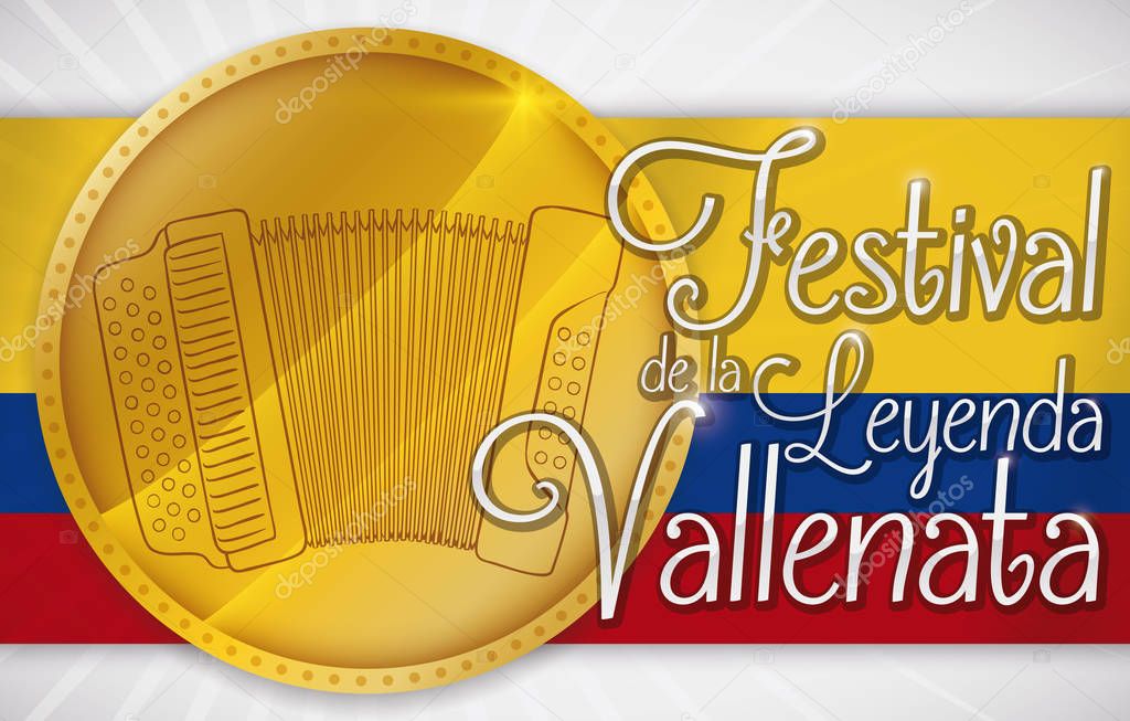 Golden Coin over Colombian Flag for Vallenato Legend Festival, Vector Illustration