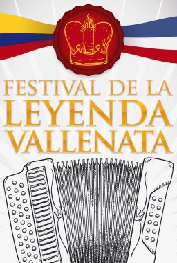 Bayraklar, elle çizilmiş akordeon ve Crown Vallenato efsane Festivali, illüstrasyon vektör