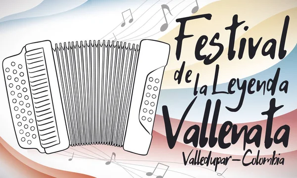 Acordeão tocando música com cores colombianas para Vallenato Legend Festival, ilustração vetorial — Vetor de Stock