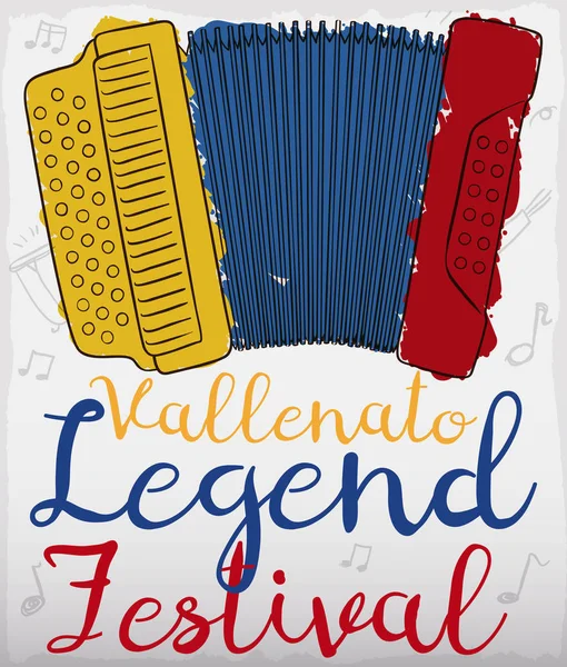 Akordeon s kolumbijskou barvami v tahů štětce Vallenato legenda festival, vektorové ilustrace — Stockový vektor