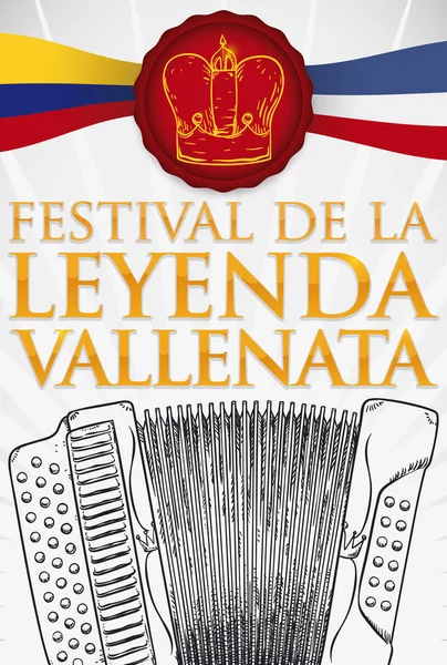 Banderas, Acordeón Dibujado a Mano y Corona para Vallenato Legend Festival, Vector Illustration — Vector de stock