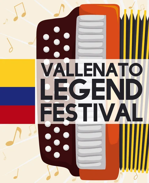 Akordeon, nut i kolumbijskie flaga Festiwal Vallenato Legend, ilustracji wektorowych — Wektor stockowy