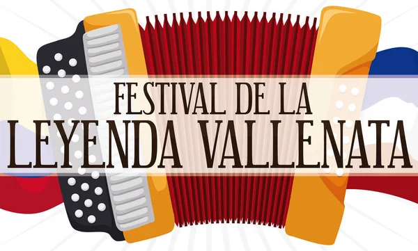 Vifta med flaggor och dragspel främja de Vallenato Legend Festival, vektorillustration — Stock vektor