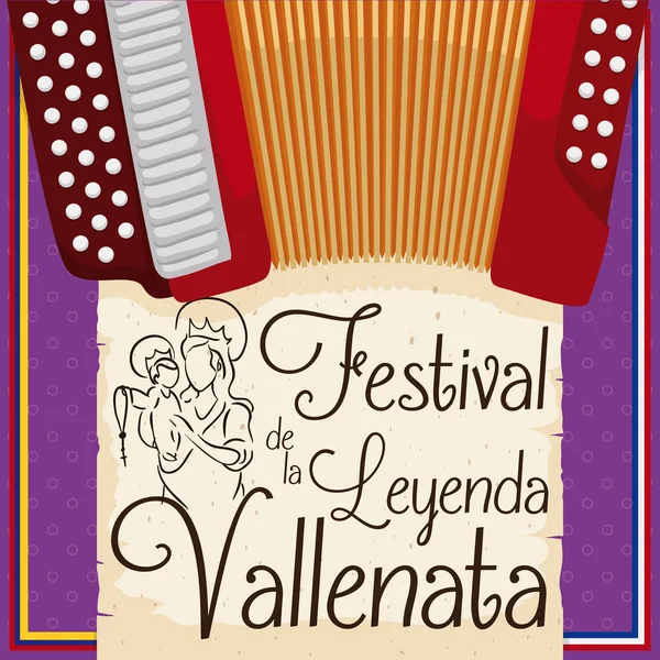 Accordion and Lady of the Rosary for Vallenato Legend Festival, Vector Illustration — Stock Vector