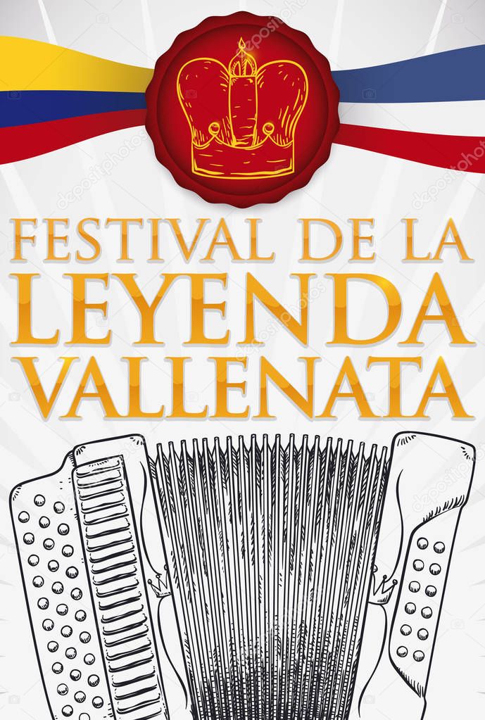 Flags, Hand Drawn Accordion and Crown for Vallenato Legend Festival, Vector Illustration