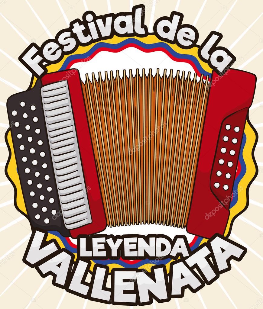 Tricolor Award Label with Accordion for Vallenato Legend Festival, Vector Illustration