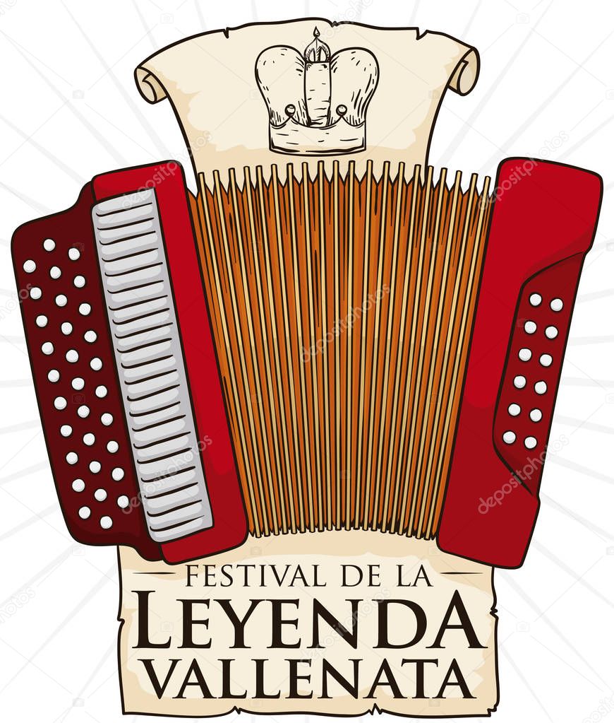 Accordion with Crown in Scroll for Vallenato Legend Festival, Vector Illustration
