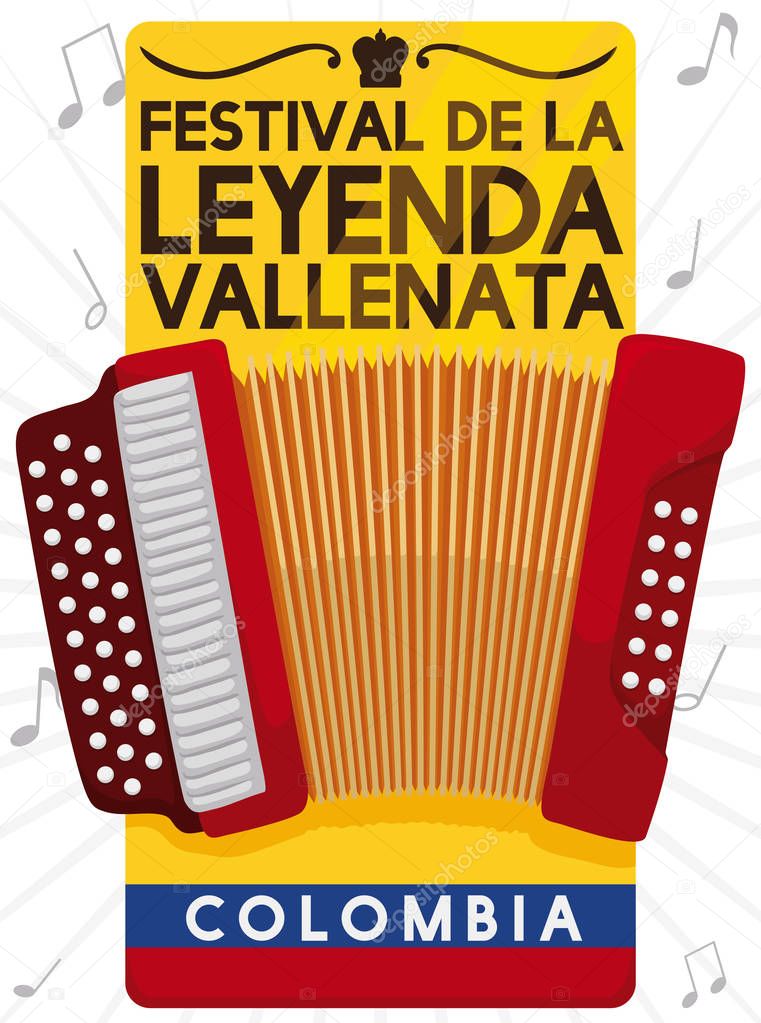 Label with Accordion, Flag and Notes for Vallenato Legend Festival, Vector Illustration