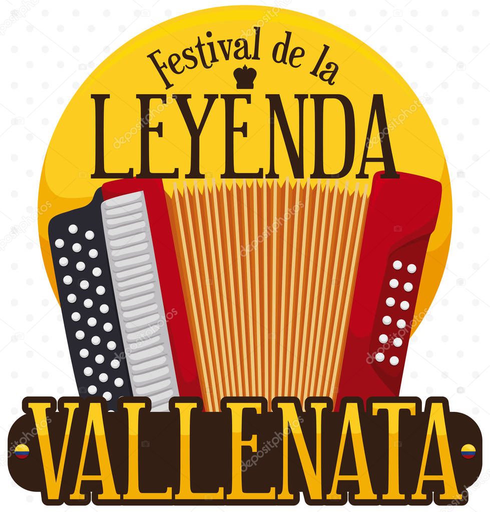 Golden Award Medal and Accordion for Vallenato Legend Festival, Vector Illustration