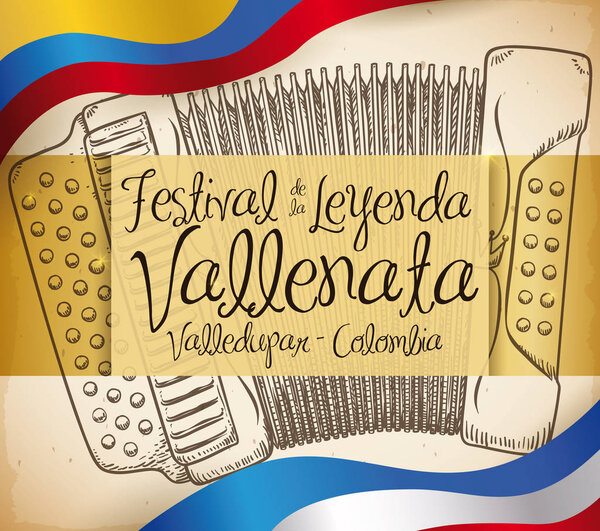 Ручной рисунок аккордеон с флагами, посвященный фестивалю легенды Валленато, векторная иллюстрация
