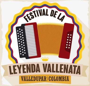 Üç renkli etiket, şerit ve akordeon Kolombiyalı Vallenato efsane Festivali, vektör çizim için