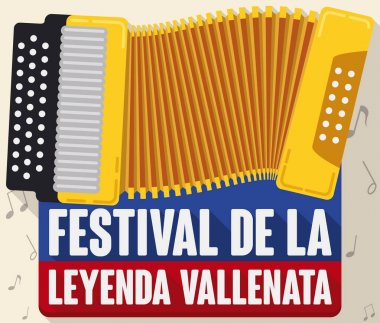 Sarı akordeon Kolombiyalı bayrak Vallenato efsane Festival için vektör çizim şekillendirme