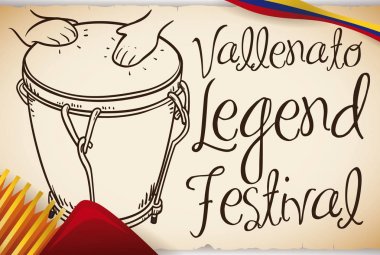 Hand Drawn Caja Vallenata with Accordion for Vallenato Legend Festival, Vector Illustration clipart