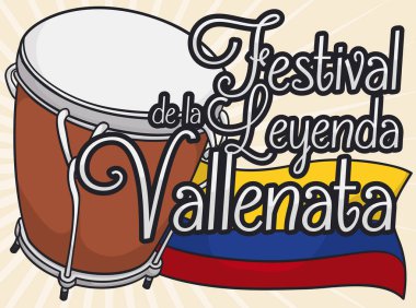 Kolombiyalı bayrağı ile Caja Vallenata davul Vallenato efsane Festivali, illüstrasyon vektör