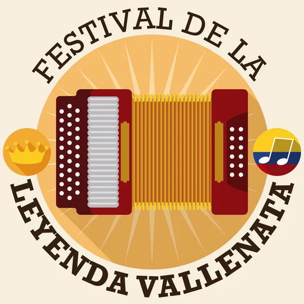 Vallenato 传奇节日用手风琴、皇冠和旗帜的钮扣, 矢量插画 — 图库矢量图片