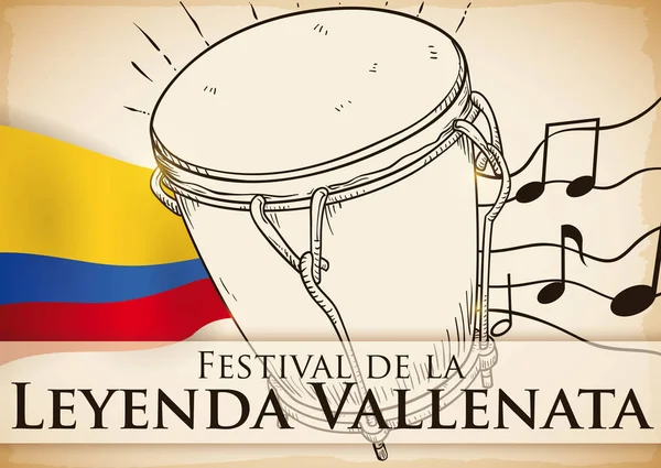 Traditionella Caja Vallenata trumma att utföra i Vallenato Legend Festival, vektorillustration — Stock vektor