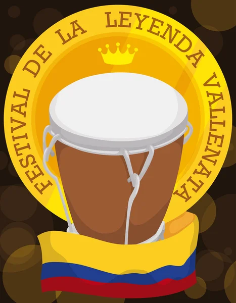 Medalla con Corona, Tambor y Bandera para Vallenato Legend Festival, Vector Illustration — Vector de stock