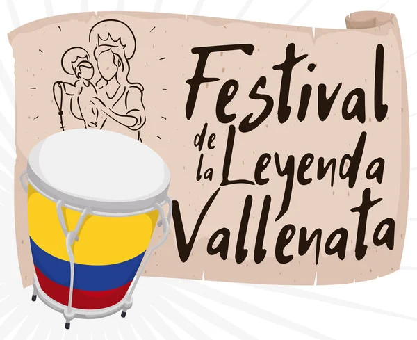 Caja en Scroll met religieuze tekenen bevordering van Vallenato Legend Festival, vectorillustratie — Stockvector