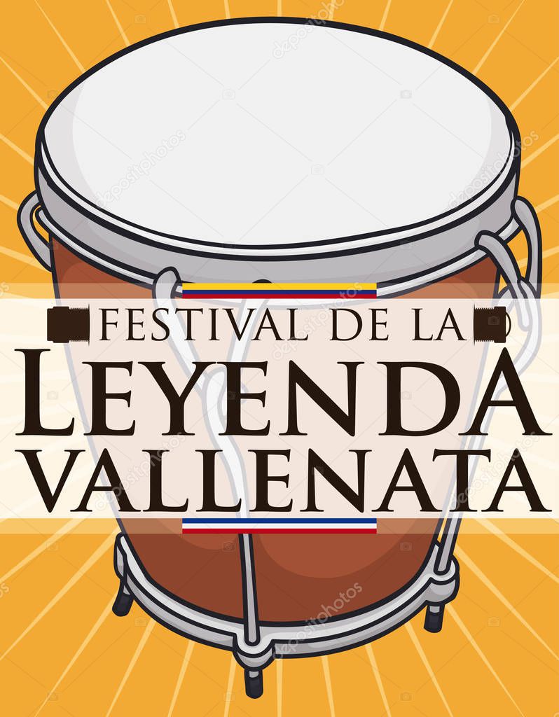Caja Vallenata Drum Instrument with Label for Vallenato Legend Festival, Vector Illustration