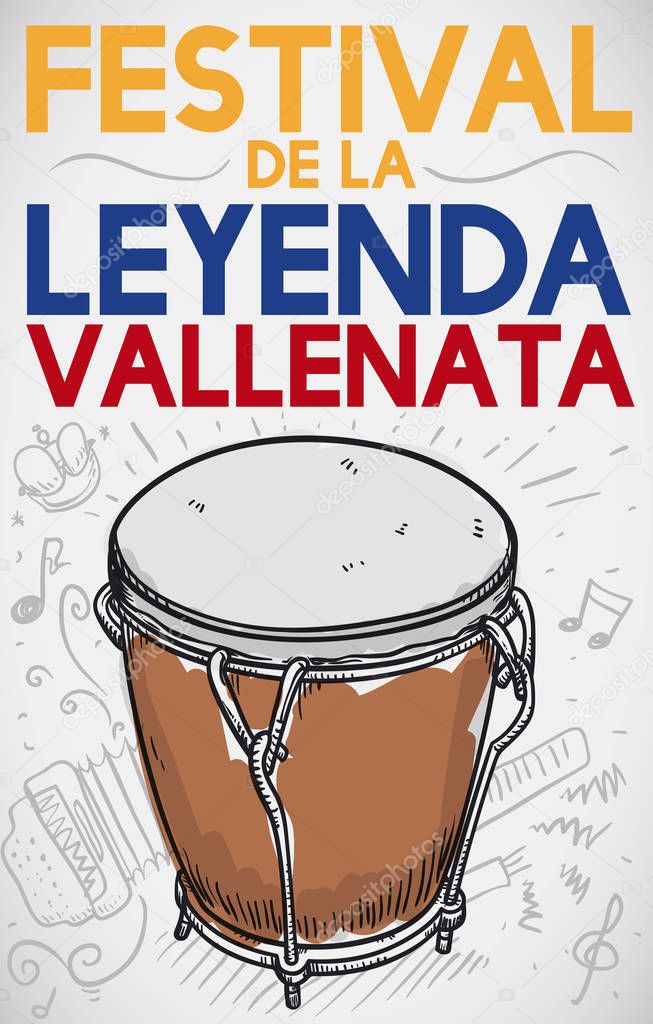 Caja Vallenata and Doodles to Celebrate in Vallenato Legend Festival, Vector Illustration