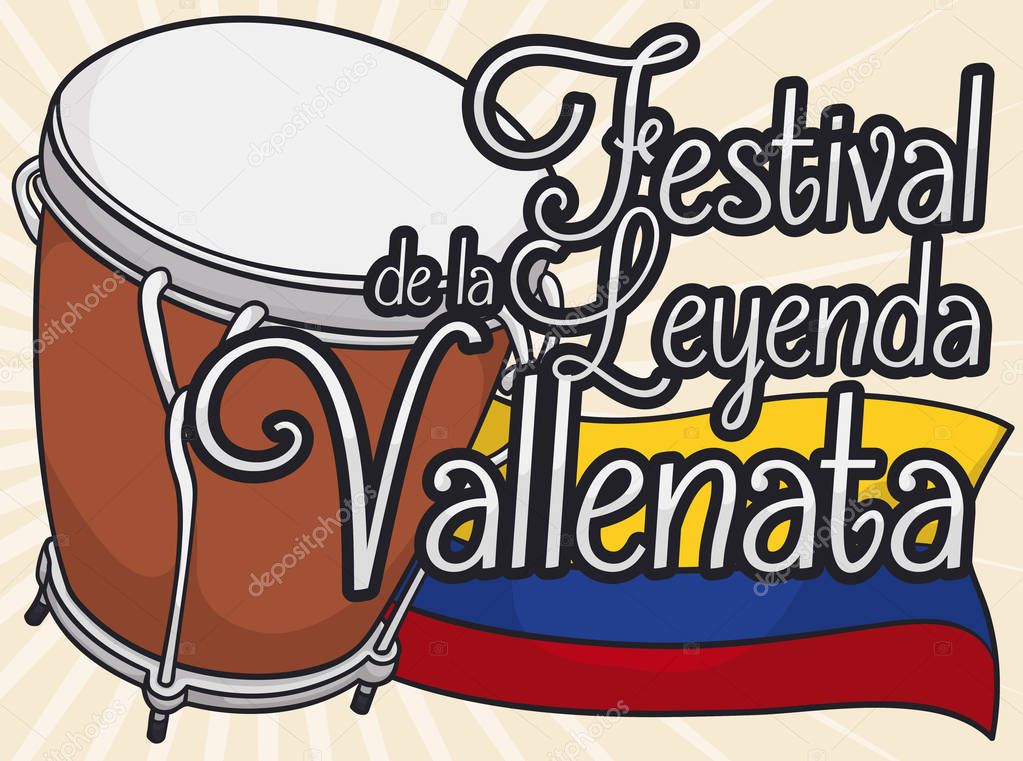 Caja Vallenata Drum with Colombian Flag for Vallenato Legend Festival, Vector Illustration