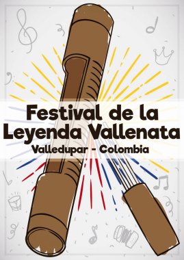 Guacharaca ve karalamalar Vallenato efsane Festivali, vektör çizim için suluboya tarzında