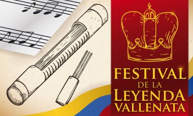 Elle çizilmiş Guacharaca ve müzikal teşvik Vallenato efsane Festivali, vektör çizim çıta