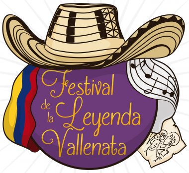 Düğme, Vueltiao şapka, bayrak, damga ve çıta Vallenato Festivali, vektör çizim için