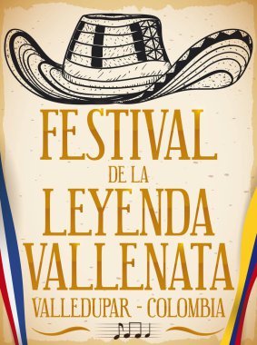 Vueltiao şapka Vallenato efsane Festivali için elle çizilmiş tarzında illüstrasyon vektör