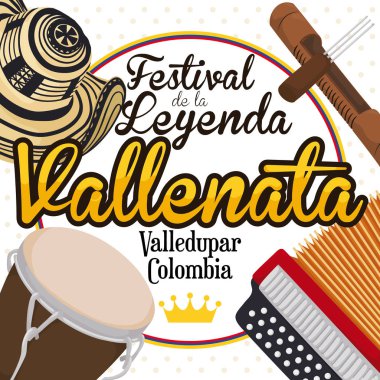 Kolombiyalı Vallenato efsane Festival kutlamak için geleneksel öğeleri illüstrasyon vektör