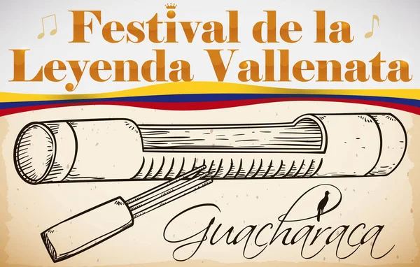Guacharaca tradicional com garfo para o festival colombiano Vallenato Legend, ilustração vetorial —  Vetores de Stock
