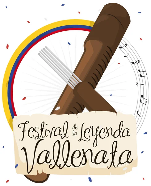 Musikalische Taste mit Schriftrolle und Guacharaca für Vallenato-Legendenfestival, Vektorillustration — Stockvektor