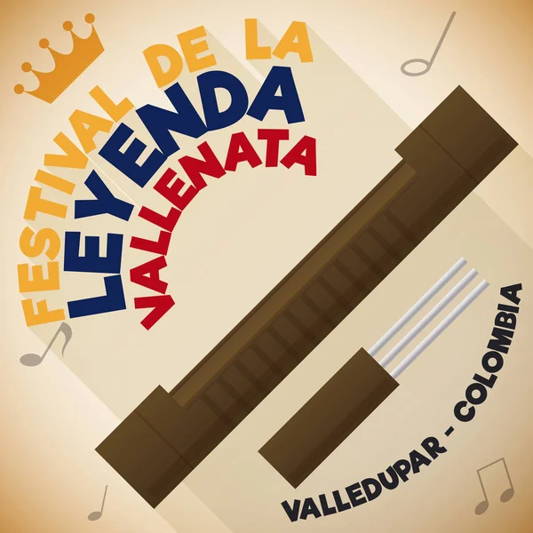 Guacharaca és a villát hosszú árnyék Vallenato legenda Fesztivál, vektoros illusztráció — Stock Vector