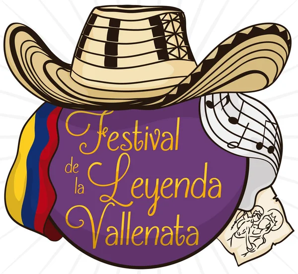 Botón, Sombrero Vueltiao, Bandera, Sello y pentagrama para Vallenato Festival, Ilustración Vectorial — Vector de stock