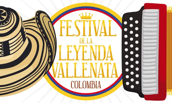 Vallenato 伝説祭の帽子とアコーディオン記念デザイン ベクトル イラスト — ストックベクタ