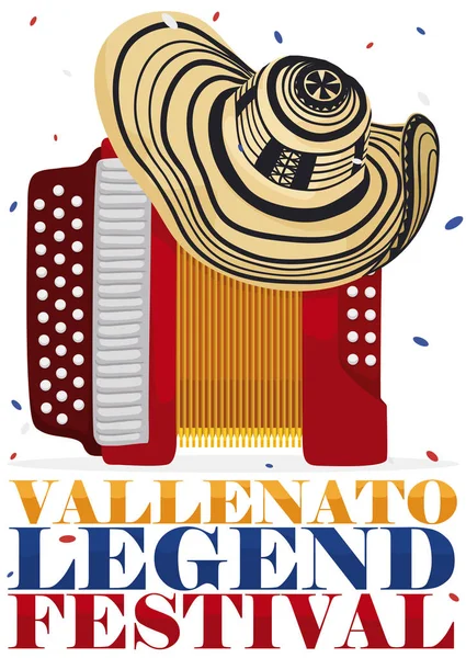 Vallenato 伝説祭アコーディオン上の伝統的な Vueltiao 帽子ベクトル イラスト — ストックベクタ