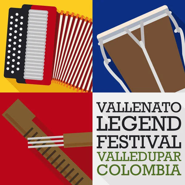 Accordeon, Caja en Guacharaca in vlakke stijl voor Vallenato Festival, vectorillustratie — Stockvector