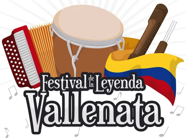 Harmonika, a Caja Vallenata, a Guacharaca és a zászló Vallenato legenda Fesztivál, vektoros illusztráció — Stock Vector