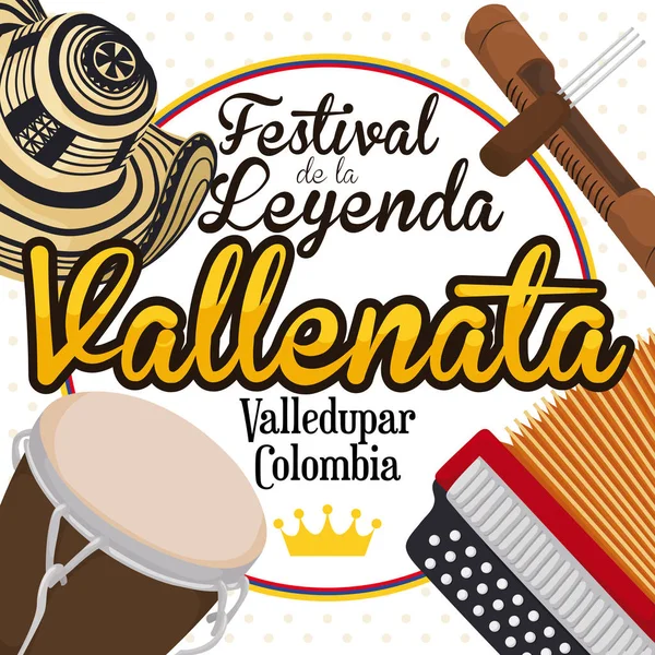 Elementos tradicionais para celebrar o festival colombiano de lenda Vallenato, ilustração vetorial — Vetor de Stock