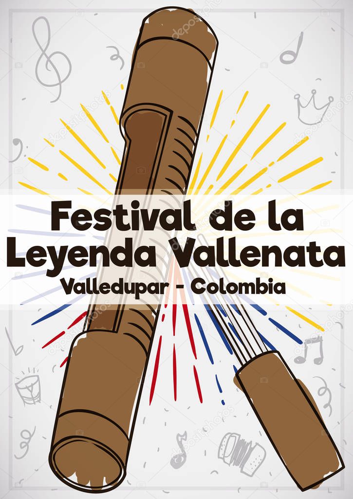 Guacharaca and Doodles in Watercolor Style for Vallenato Legend Festival, Vector Illustration