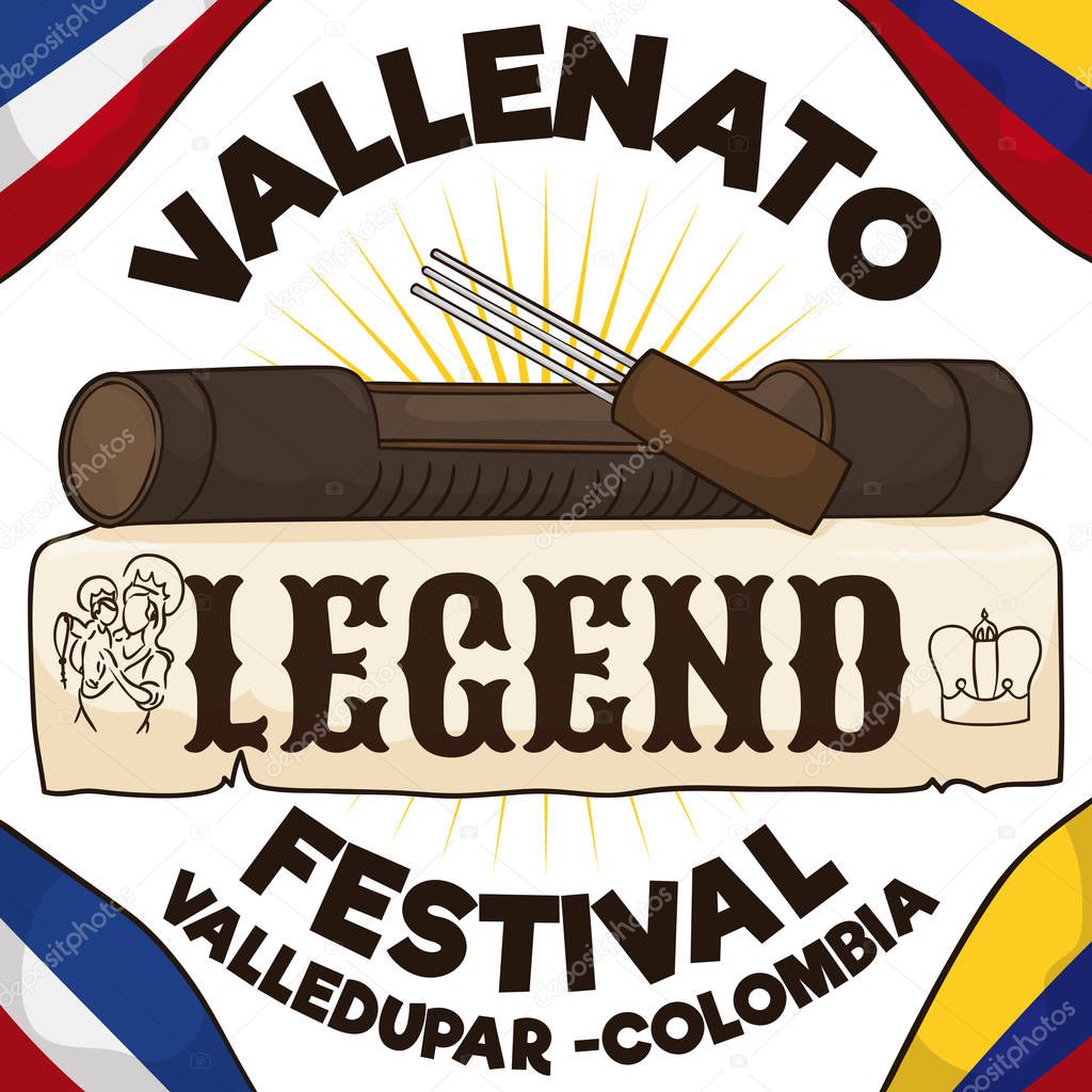 Guacharaca over Scroll for Vallenato Legend Festival with Flags, Vector Illustration