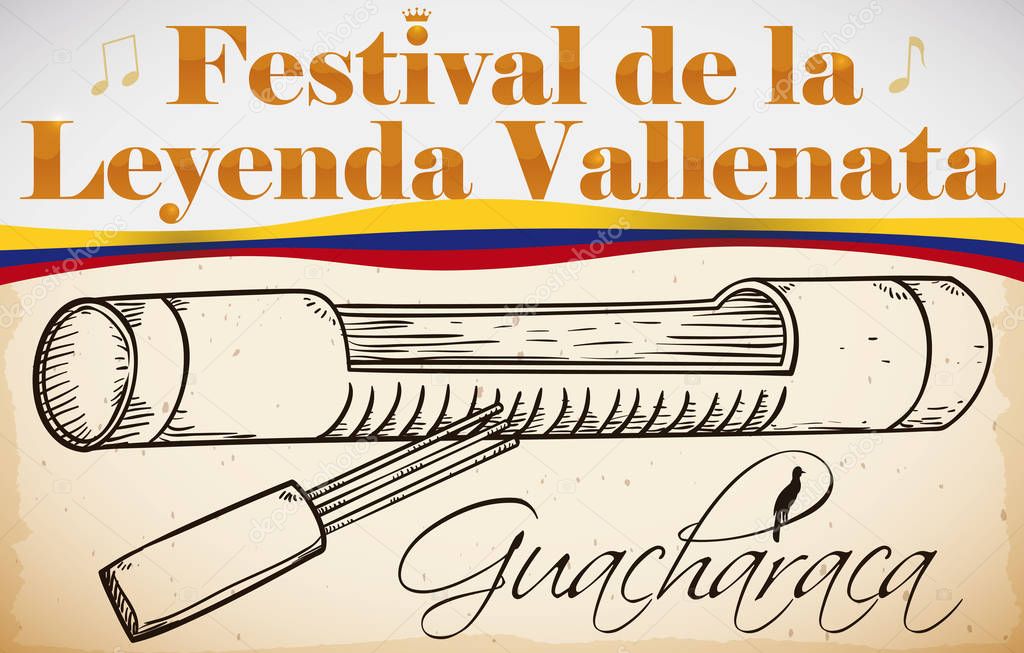 Traditional Guacharaca with Fork for Colombian Vallenato Legend Festival, Vector Illustration