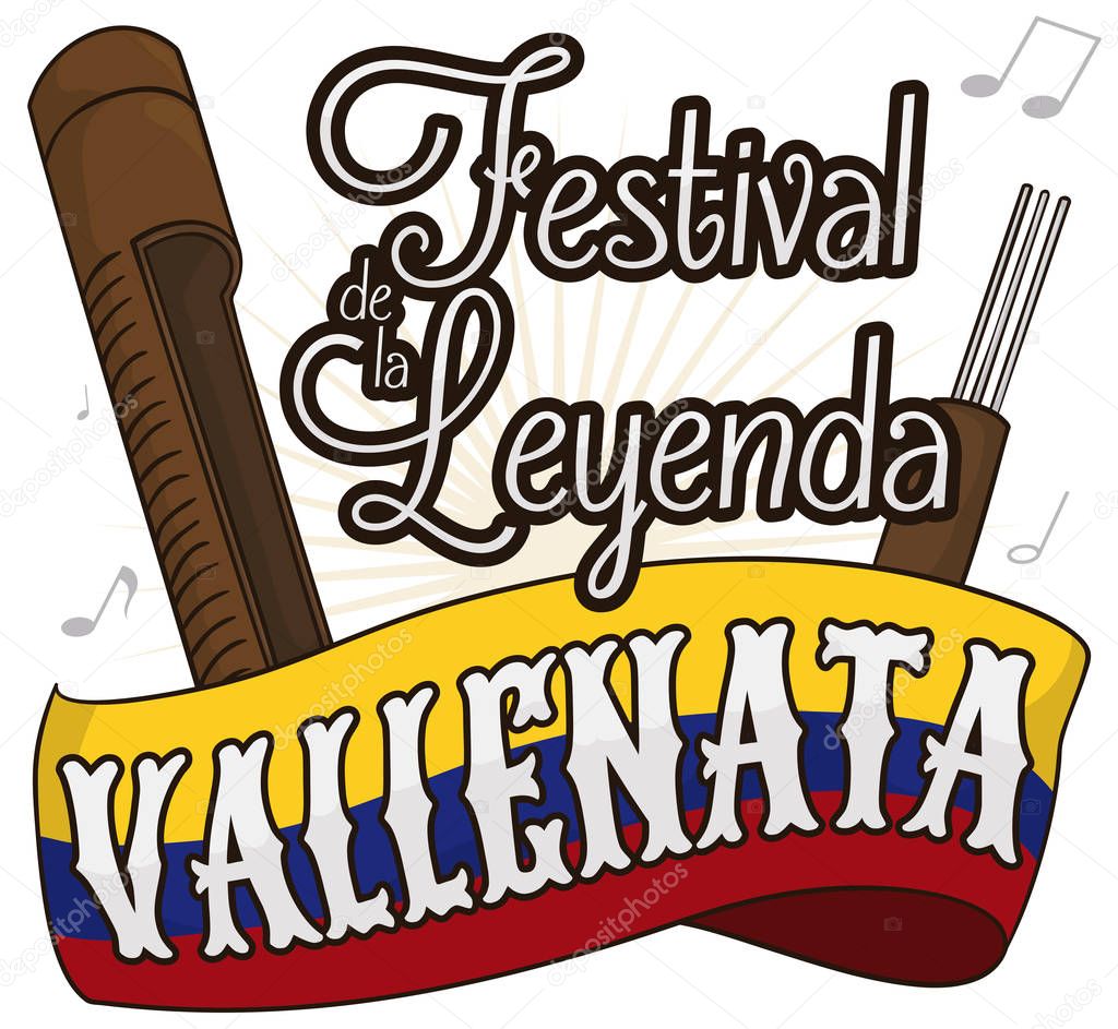 Flag with Guacharaca and Fork for Colombian Vallenato Legend Festival, Vector Illustration